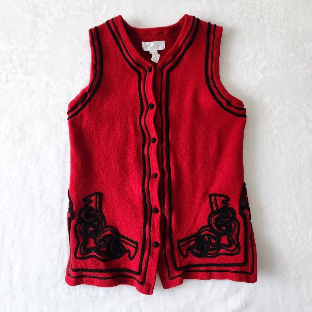 Vintage 70s Lord & Taylor Red Embroidered‎ Merino Wool Sweater Vest Black Medium